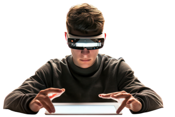 young man with short hair and AR glasses is doing design work on a tablet. Referring to AR technology and working in the new era.Isolated on a transparent background.