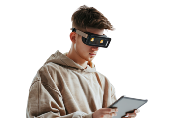 young man with short hair and AR glasses is doing design work on a tablet. Referring to AR technology and working in the new era.Isolated on a transparent background.