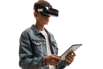 young man with short hair and AR glasses is doing design work on a tablet. Referring to AR technology and working in the new era.Isolated on a transparent background.