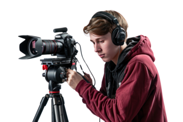 young YouTuber is filming a video reviewing technology products. Referring to a new career in the digital age. Represents creativity and agility.Isolated on a transparent background.