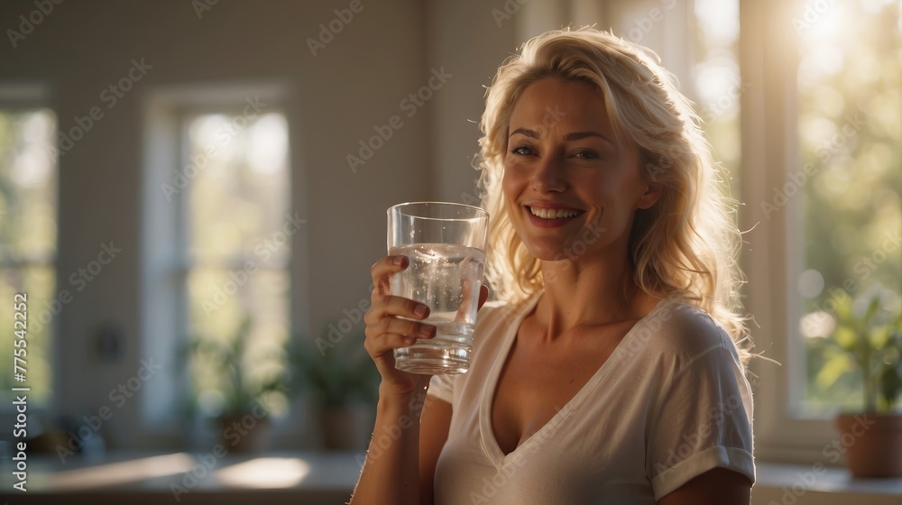 Wall mural a beautiful young caucasian white woman in white shirt is holding, drinking a glass cup of water in 