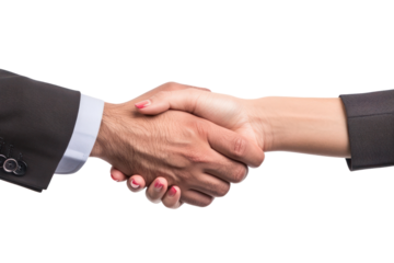 Successful Negotiation: Two men and women shake hands after agreeing on a deal. Demonstrates negotiation skills and professionalism.Isolated on a transparent background.