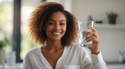 A beautiful young African American black woman in white shirt is holding, drinking a glass cup of water in the morning, blurred white modern home background, healthy lifestyle concept - obrazy, fototapety, plakaty