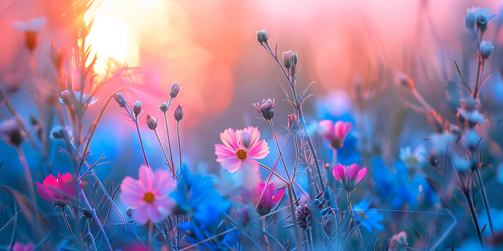 Sunset in a meadow, beautiful colorful nature background