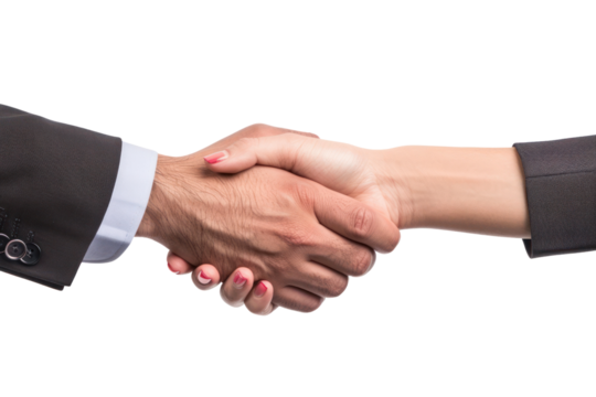 Successful Negotiation: Two men and women shake hands after agreeing on a deal. Demonstrates negotiation skills and professionalism.Isolated on a transparent background.