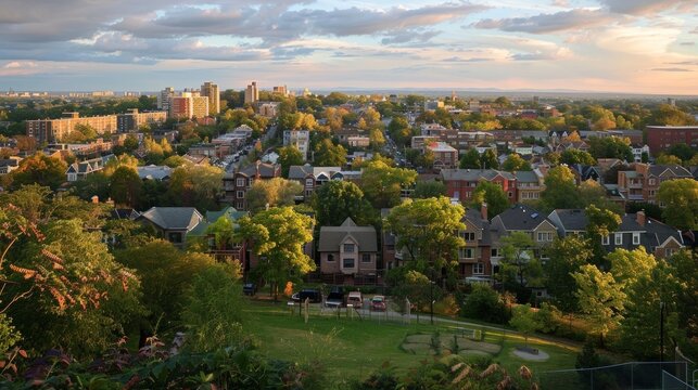 A panoramic shot of a citys residential neighborhoods featuring rows of houses and apartment buildings. Parks playgrounds and green spaces can also be seen providing a balance