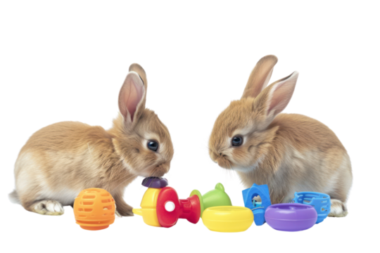 baby Netherland Dwarf rabbits playing with toys
