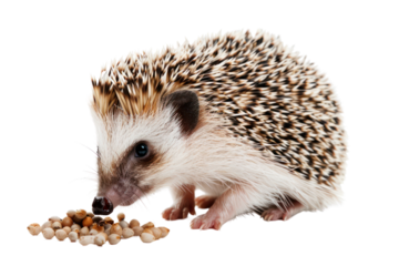 pied hedgehog eating food, Isolated on a transparent background.