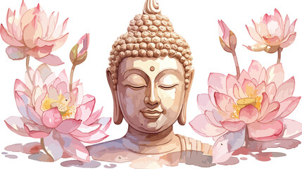 Head of Buddha and pink lotus. Watercolor seamless
