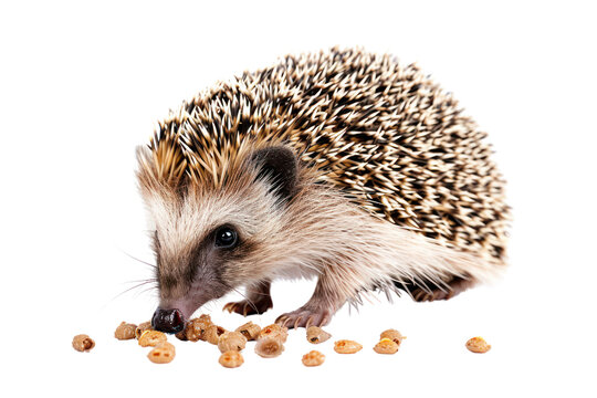 pied hedgehog eating food, Isolated on a transparent background.