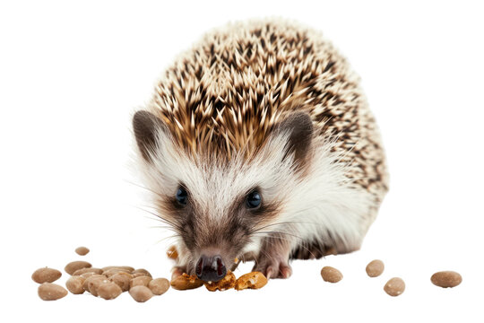 pied hedgehog eating food, Isolated on a transparent background.