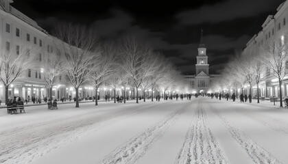 Illustration of the city landscape at night in winter. Generative AI.