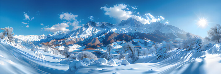 Beneath a blanket of snow, a vast landscape stretches,
vast desolated snow land, big mountains in the background, snowfall with light blue sky and light blue colors, peaceful atmosphere - obrazy, fototapety, plakaty