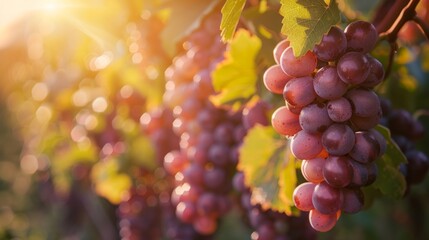 Golden Hour Glow Over Lush Vineyard Offering Bountiful Harvest of Ripe Grapes - obrazy, fototapety, plakaty