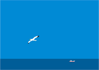 水平線と船と青空に飛ぶ一羽のカモメのイラスト
