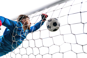Football, soccer player heads a goal from a corner kick, Isolated on a transparent background.