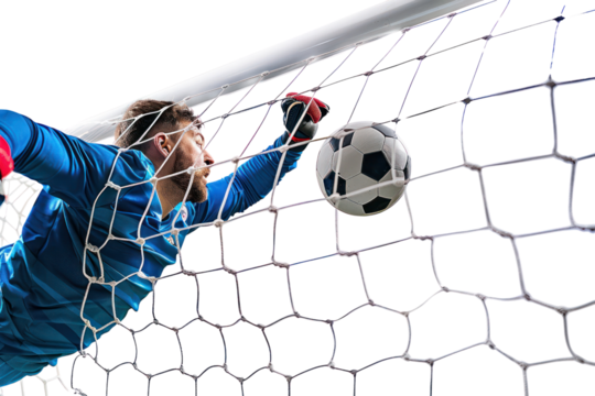 Football, soccer player heads a goal from a corner kick, Isolated on a transparent background.
