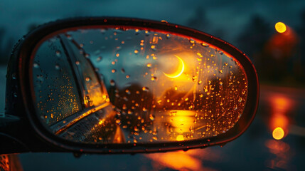 A view from behind a cars rearview mirror capturing the reflection of a crescent moon on a rainy night. . .