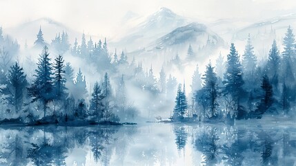 Fototapeta na wymiar Ethereal Blue Forest, A Watercolor Journey Through Misty Wilderness