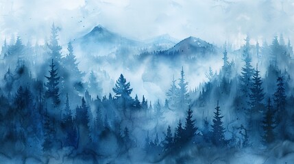 Ethereal Blue Forest, A Watercolor Journey Through Misty Wilderness