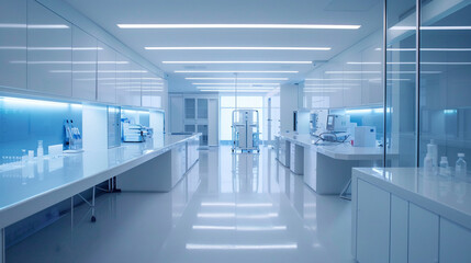 High-tech medical lab, gleaming surfaces, low angle, blue and white tones, clinical atmosphere