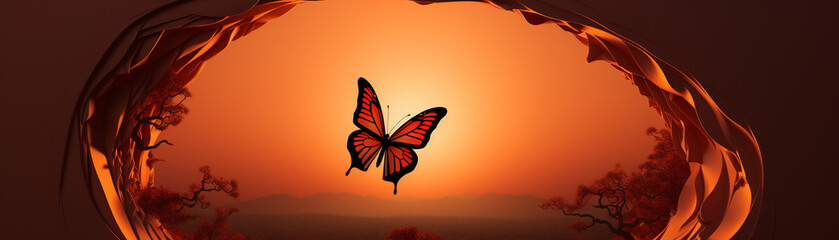 A butterfly emerging from its chrysalis, rendered in hyper-realistic clay style, isolated against a dawn orange background, symbolizing transformation and the birth of new beginnings.
