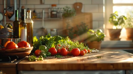 Fresh Ingredients Await Culinary Creation in a Sunlit Modern Kitchen