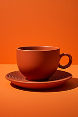 A cup upturned, its base facing the viewer, rendered in clay style against a vibrant orange background, focusing on the often-overlooked details that contribute to its stability and design,