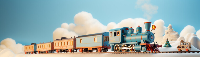 A toy train captured in a 3D clay render, isolated against a playful light blue background, a hyper-realistic depiction that recaptures childhood wonder and the imagination's boundless realms.