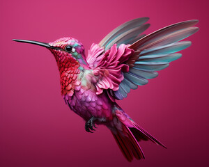 Close-up of a hummingbird mid-hover, its tiny wings a blur, rendered in hyper-realistic clay style against a bright fuchsia background, showcasing the exquisite detail of its feathers and the vibrant 
