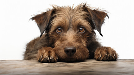 Close-up of a loyal dog in a sitting position, its fur texture and soulful eyes rendered in hyper-realistic clay style, isolated against a pure white background, highlighting every detail from the whi