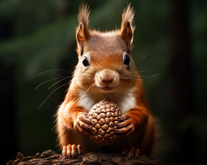 Close-up of a squirrel clutching a clay-rendered acorn, isolated against a lush green background,...