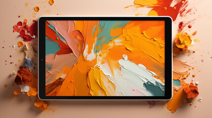 Close-up of a tablet displaying a digital painting app, rendered in clay style, the brush strokes visible on the screen, isolated against a vibrant orange background, showcasing the blend of art and t