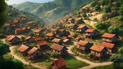 Envision a charming community tucked up among undulating hills. Capture the spirit of this village's daily existence AI-Powered