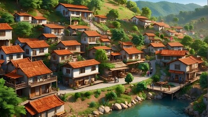 Envision a charming community tucked up among undulating hills. Capture the spirit of this village's daily existence AI-Powered - obrazy, fototapety, plakaty