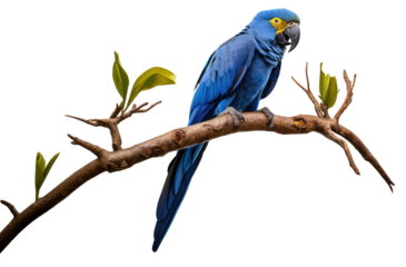 King of Blue Parrot, Hyacinth Macaw, Sitting on Branch with Leaves - Isolated on Transparent Background PNG File in Nature, Exotic Tropical Birdwatcher's Delight