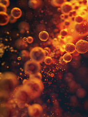 Nano-medicine research lab, microscopic view, vibrant particles, warm orange and yellow lights