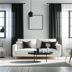 Modern living space with basic interior design. Black pillows on a white sofa set behind black and white curtains.
