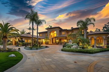 Professional Photography of a Luxurious Mansion Showcasing its Grand Exterior, Landscaped Gardens, and Expansive Grounds, Generative AI - Powered by Adobe