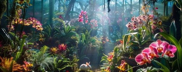 Orchid jungle discovery bunnies amidst a riot of tropical orchids - obrazy, fototapety, plakaty