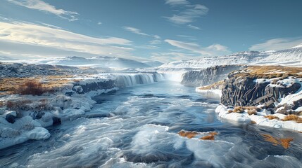 Gullfoss Dramatic Landscape, Highlight the dramatic landscape surrounding Gullfoss in Iceland, with its rugged terrain and contrasting elements of ice, water, and rock