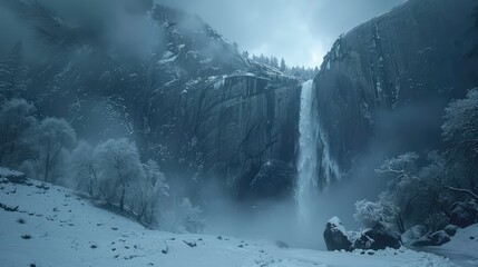 Yosemite Falls in Winter, Capture the ethereal beauty of Yosemite Falls in winter, frozen in time against a backdrop of snow-covered cliffs - obrazy, fototapety, plakaty
