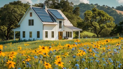 A tranquil scene of a white farmhouse nestled a lush pastures and wildflower fields the roof adorned with subtle yet powerful BIPV . . - obrazy, fototapety, plakaty