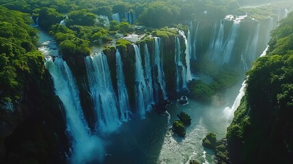 Iguazu Falls Aerial View, Offer a bird's-eye perspective of the powerful cascades of Iguazu Falls, surrounded by the verdant jungle, emphasizing the sheer scale and beauty of the natural wonder - obrazy, fototapety, plakaty