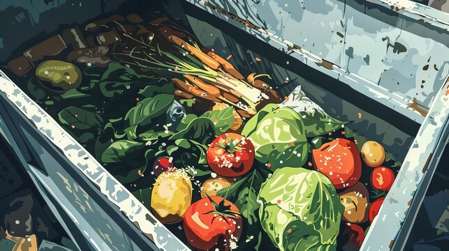 Concept illustration of perfectly good food discarded in a dumpster, representing the issue of food waste