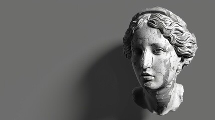 Contemplative Greek goddess statue head. Pensive muse sculpture, 3D rendering in dramatic black and white