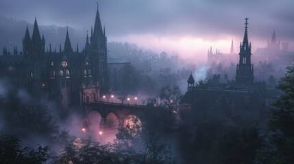 Majestic Castle Shrouded in Mist, A Fantasy Realm Comes to Life at Dusk - obrazy, fototapety, plakaty