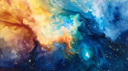 Cosmic Nebula with Swirling Colorful Galaxies, Dreamy Watercolor Painting