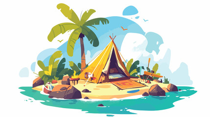 Fototapeta na wymiar Illustration of a base camp on an island on a white