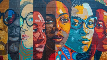 A mural featuring a group of diverse individuals each with their own distinct features and backgrounds coming together to represent the diversity and unity found in urban